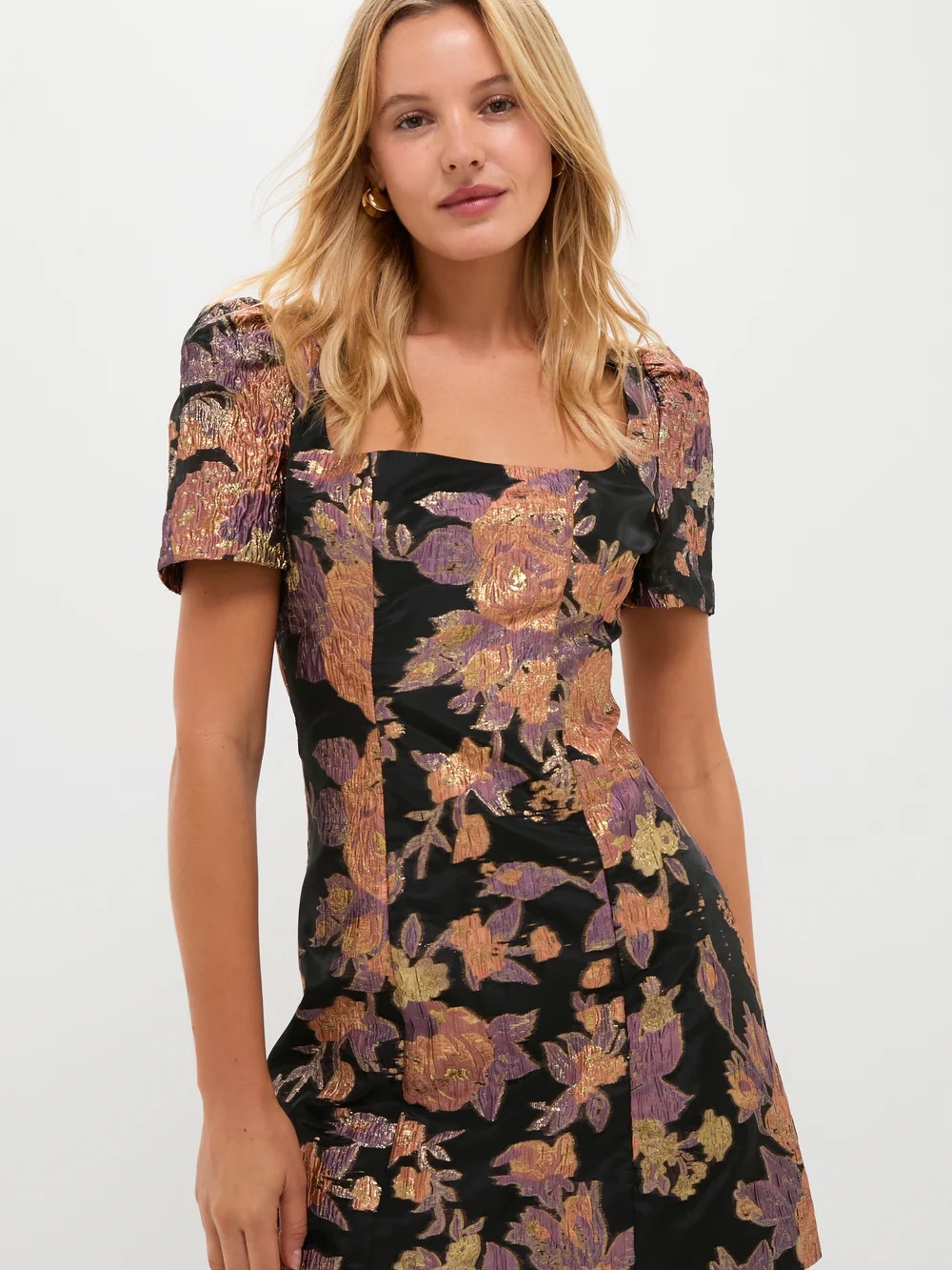 Square-Neck Floral Jacquard Mini Dress in Black and Rose